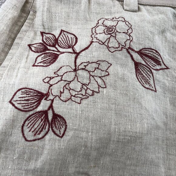 Kate Hill Women's 100% Linen Pants Large Floral Embroidered Casual Wide Leg Beig - Picture 10 of 12